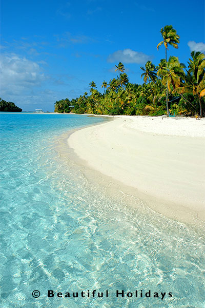 aitutaki beach scene with white sand and coconut trees