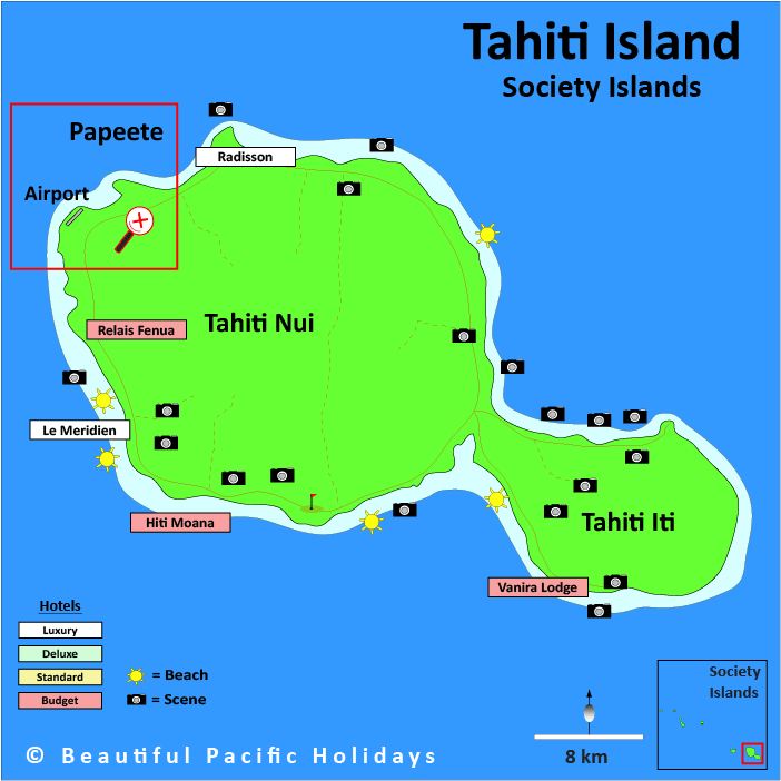 Map of Tahiti Island in French Polynesia showing Hotel Locations